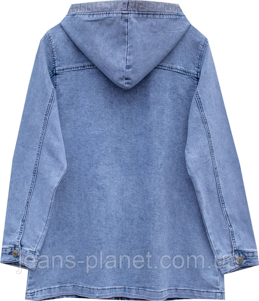 Модна жіноча джинсова куртка з капюшоном на блискавці великі розміри — изображение 5